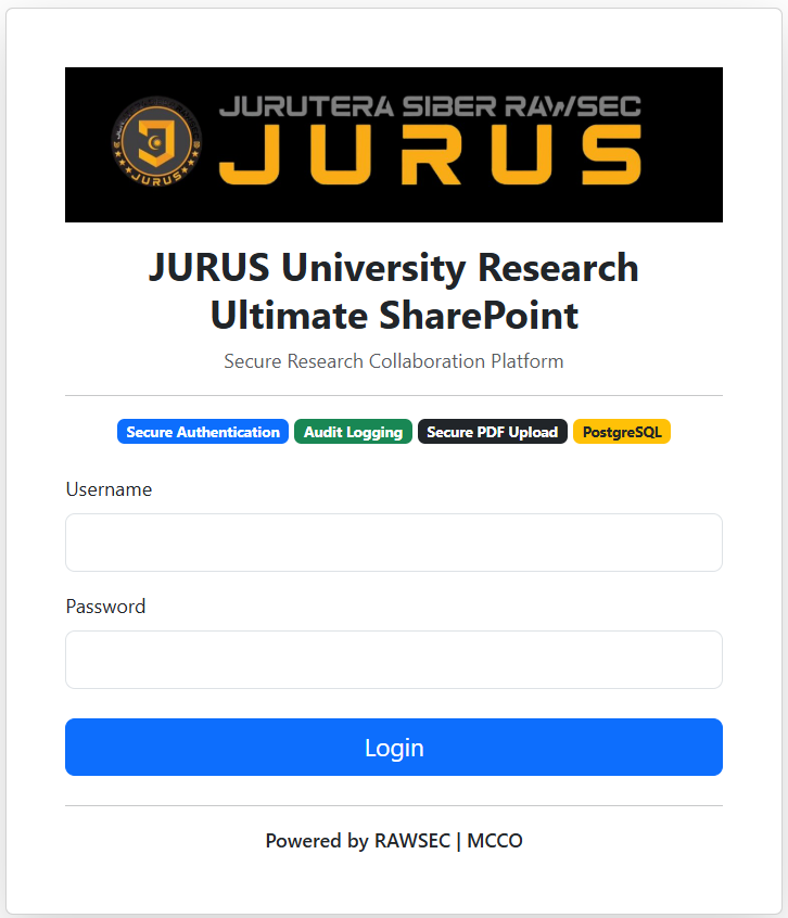 Login interface for the JURUS University Research Ultimate SharePoint application